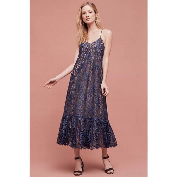 💕MOULINETTE SOEURS ANTHROPOLOGIE💕 Celestial Lace Maxi Dress Navy Blue 12 NWOT - Picture 4 of 14